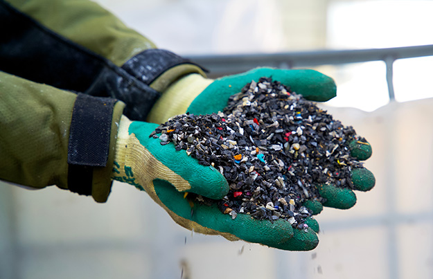 Plastic granulate in a plastic waste recycling plant